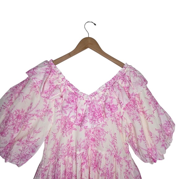 &Merci Womens Pink Floral Ruffled Cotton Mini Dress Puff Sleeve SZ M Coquette - Picture 8 of 12